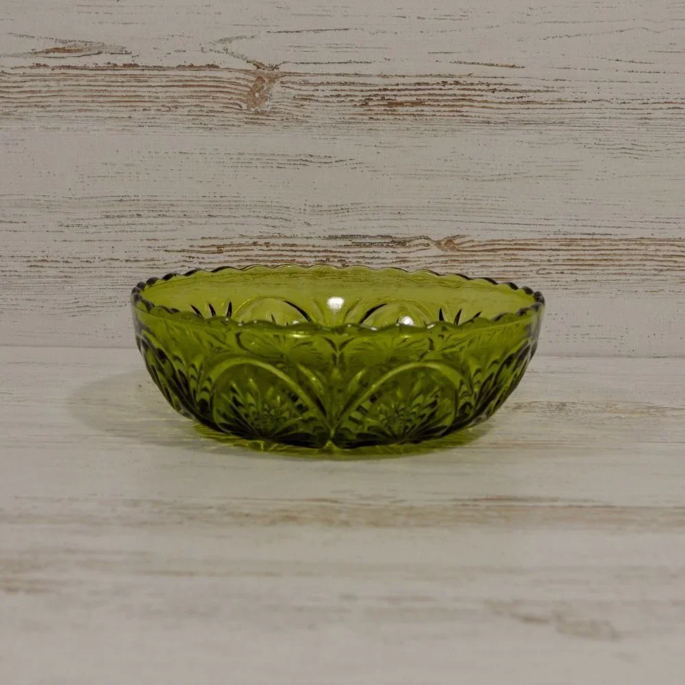Green Pressed Glass Decorative Scalloped Bowl